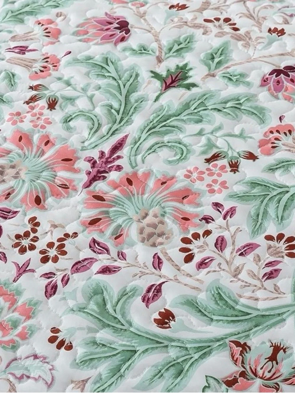 NEW Anthro Green & Pink Floral Reversible Boho Queen King Bedding Quilt Sham Set